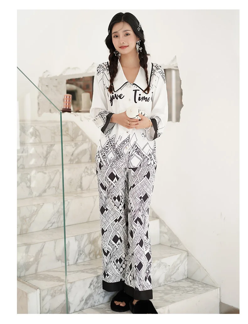 Нова дамски пижами от ледената коприна с принтом fresh twist и дълги ръкави, удобен домашен комплект пижамный