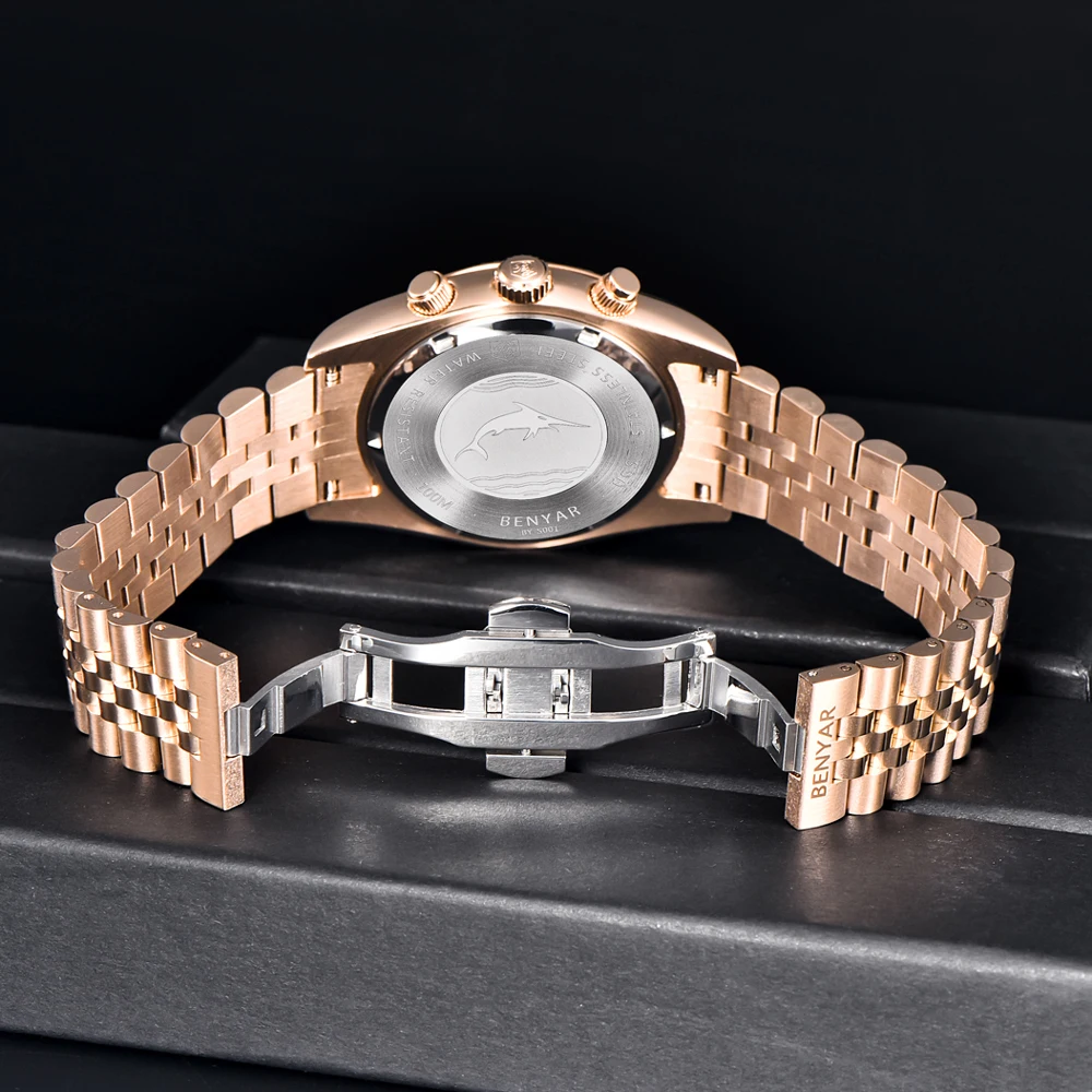 BENYAR Златни Мъжки Часовник 2021 Най-добрата Марка на Луксозни Кварцови Часовници За Мъже Хронограф От Неръждаема Стомана Спортни Водоустойчив Reloj Hombre