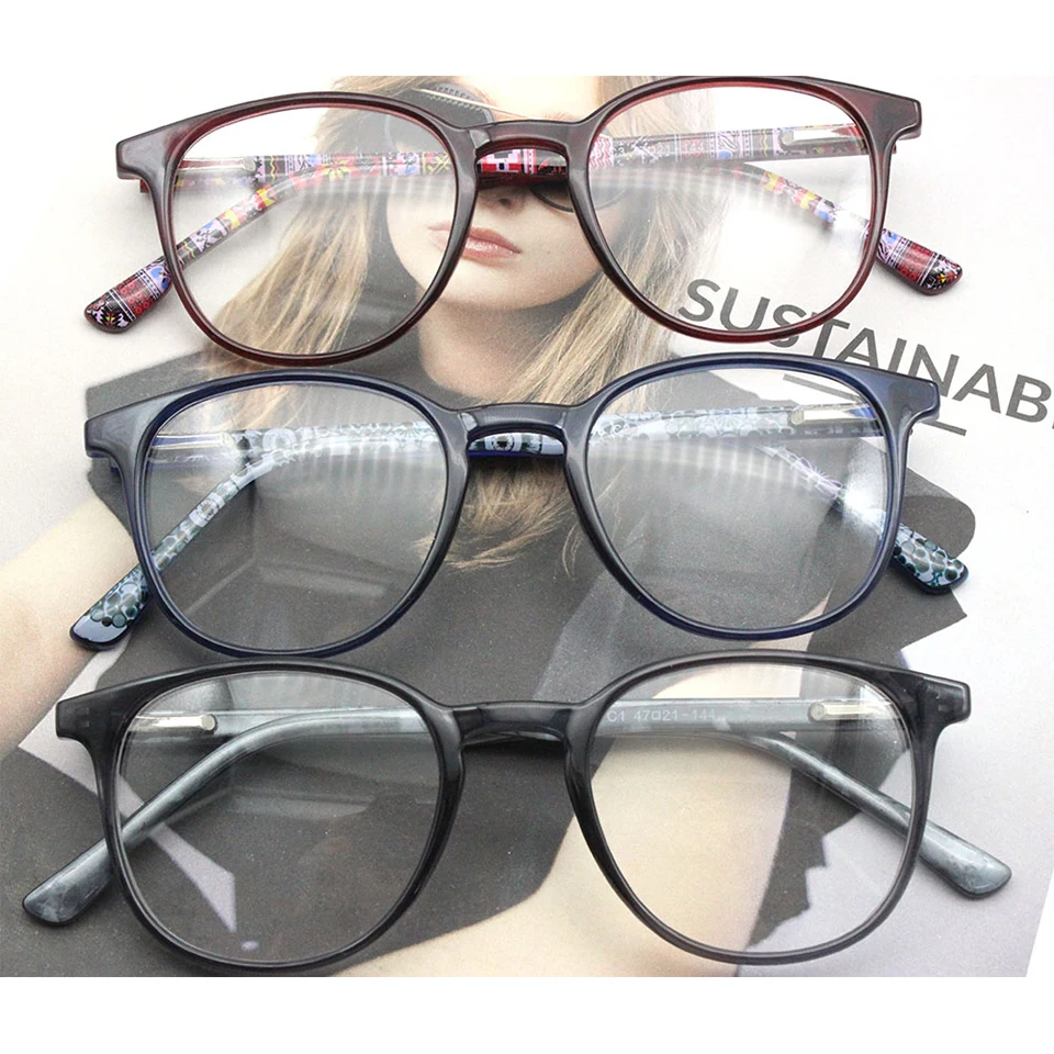 CP048 Мода Син Черен Сив Цвят Кръгла Форма Лещи за Оптични Очила Пружинен Шарнир Очила с Пластмасова Рамка
