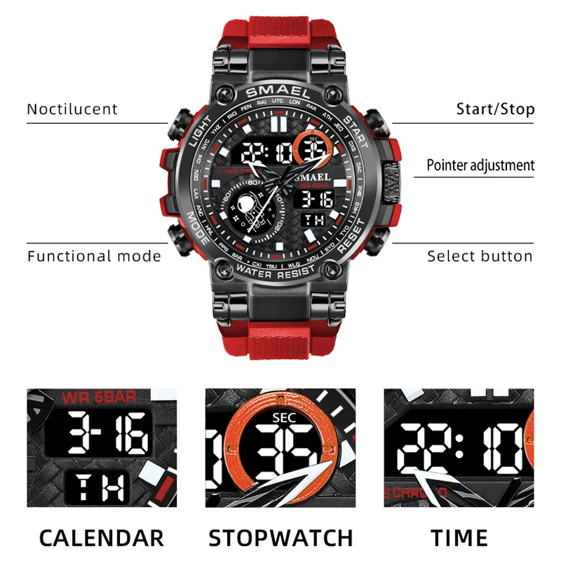 SMAEL Dual Time Часовници за Мъже Луксозна Марка Военни Часовник е Водоустойчив Цифров Часовник Удароустойчив Мъжки спортен Часовник