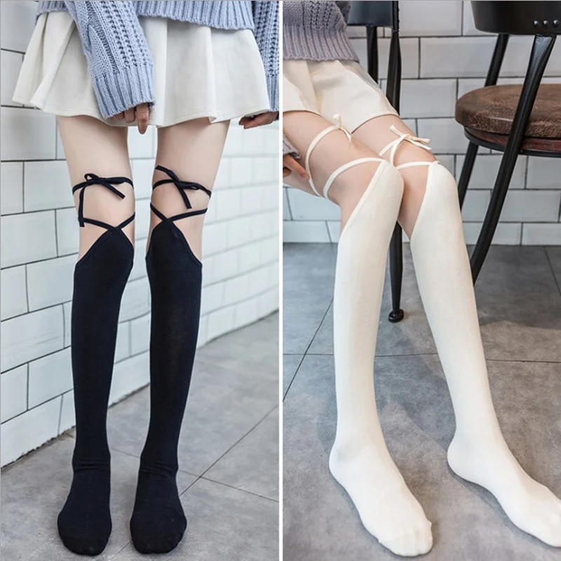 Дамски секси дълги чорапи, дантелени найлонови чорапи над коляното, чорапогащници с лък, плътен памук връзка, ворсовый вратовръзка, коляното PR161