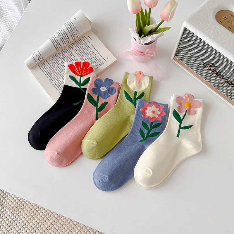 1 Чифт Женски Чорапи в японски Корейски стил с Анимационни Цвете цвят Карамел Harajuku Kawaii, Чорапи със средна Дължина Дишащи Ежедневни Къси Чорапи