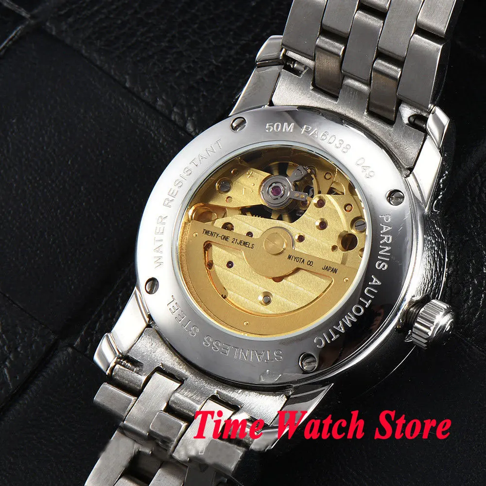 Parnis на часовника 38 мм мъжки часовници С Кухи Циферблат сапфир кристал Златни MIYOTA Механизъм за самостоятелно ликвидация ръчни часовници за мъже 1031