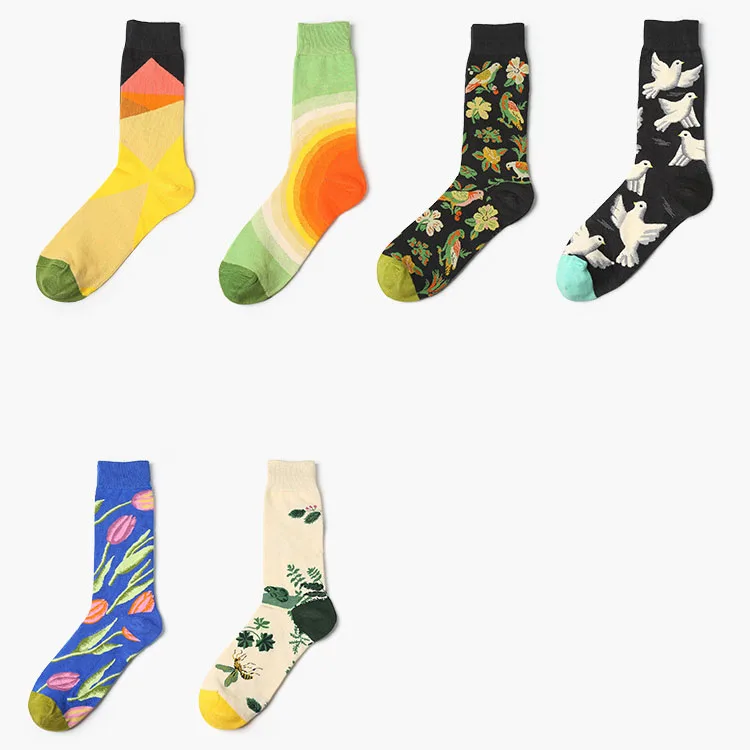 1 Чифт Художествени Чорапи, Нови Мъжки и Дамски Памучни Чорапи, Чифт Закачливи Чорапи с цветя и Птици, с Дълги Цветни Чорапи EUR39-44