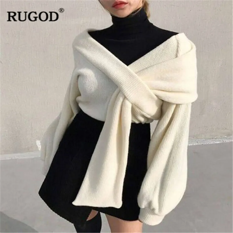 RUGOD Елегантен пуловер с открити рамене, пуловер, женски Сексуални Обикновена нередовни възли пуловери, дамски пуловери с пищни ръкави за дамите