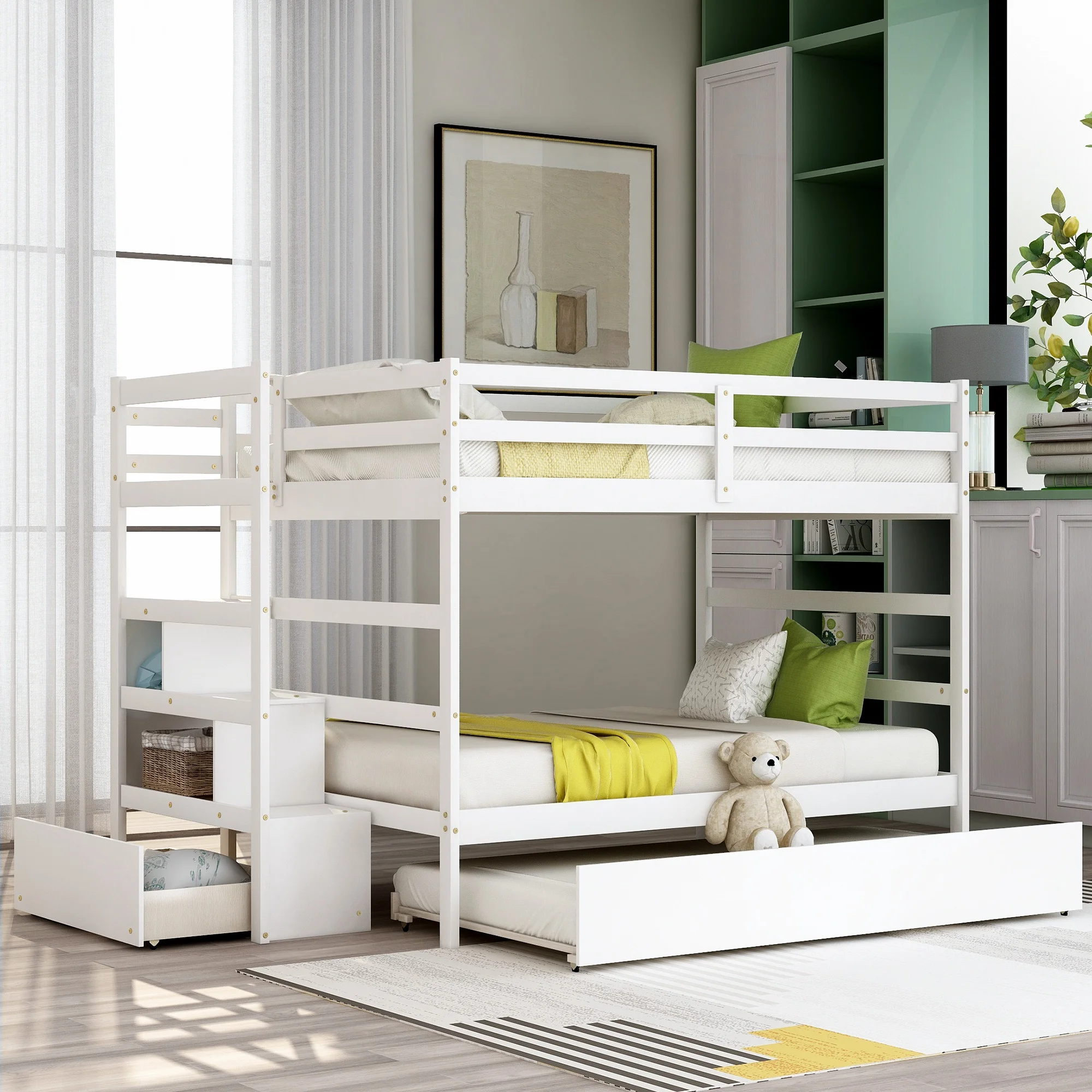 Начало Модерна и минималистичная Дървени Мебели За спални Легла Рамки Основата на Пълна Двуетажно Легло с две Единични легла Бял Цвят
