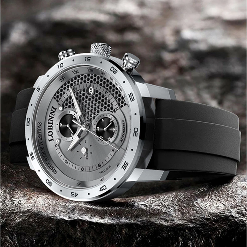LOBINNI Мъжки Автоматичен Часовник за Мъже Модерен Часовник е Водоустойчив Механични Ръчни Часовници Сапфирен Огледало Гумени Reloj Hombre
