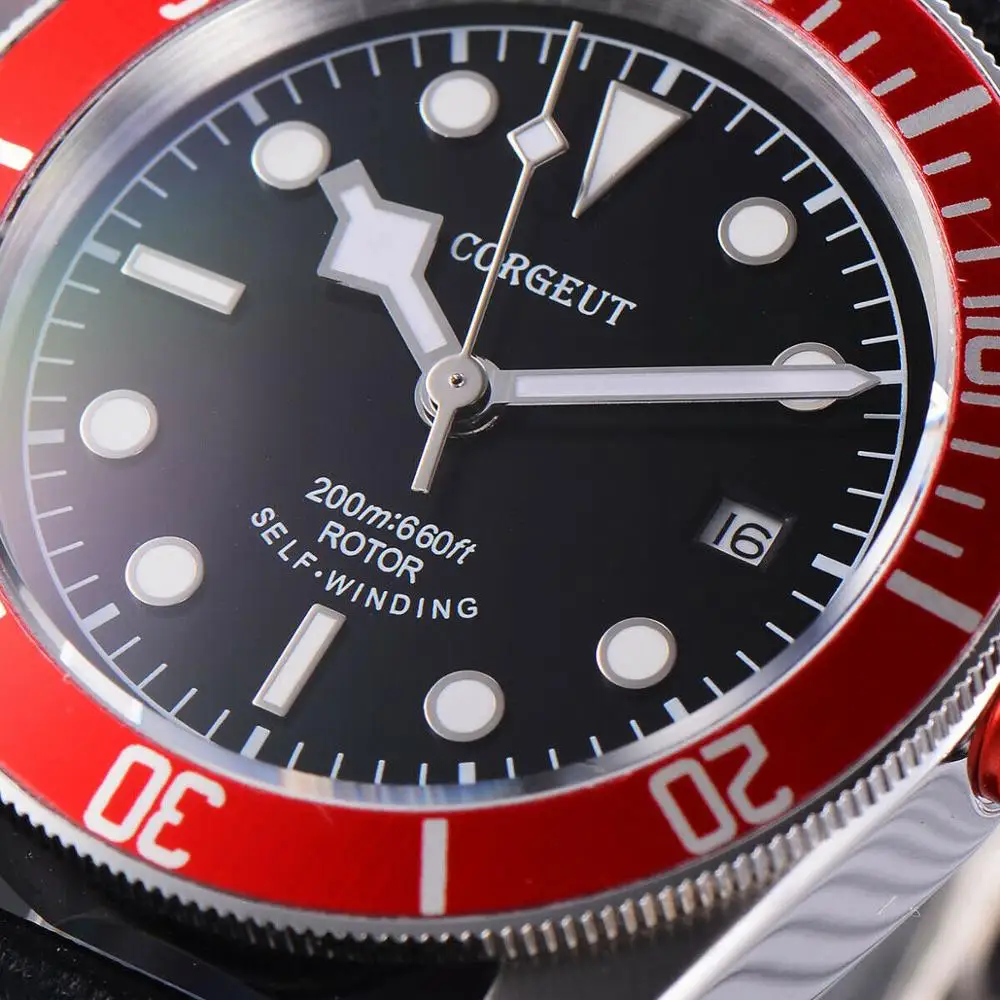 Corgeut мъжки часовника 41 мм червен bezel NH35, механизъм Miyota син сапфир люминесцентный стерилна циферблат водоустойчив автоматични механични часовници за гмуркане