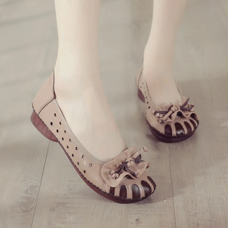 Xiuteng/ кожена лятна дамски обувки в етнически стил, в стил ретро, дамски обувки на плоска подметка с отворени пръсти, мека подметка, Удобни Обувки с дупки Голям Размер