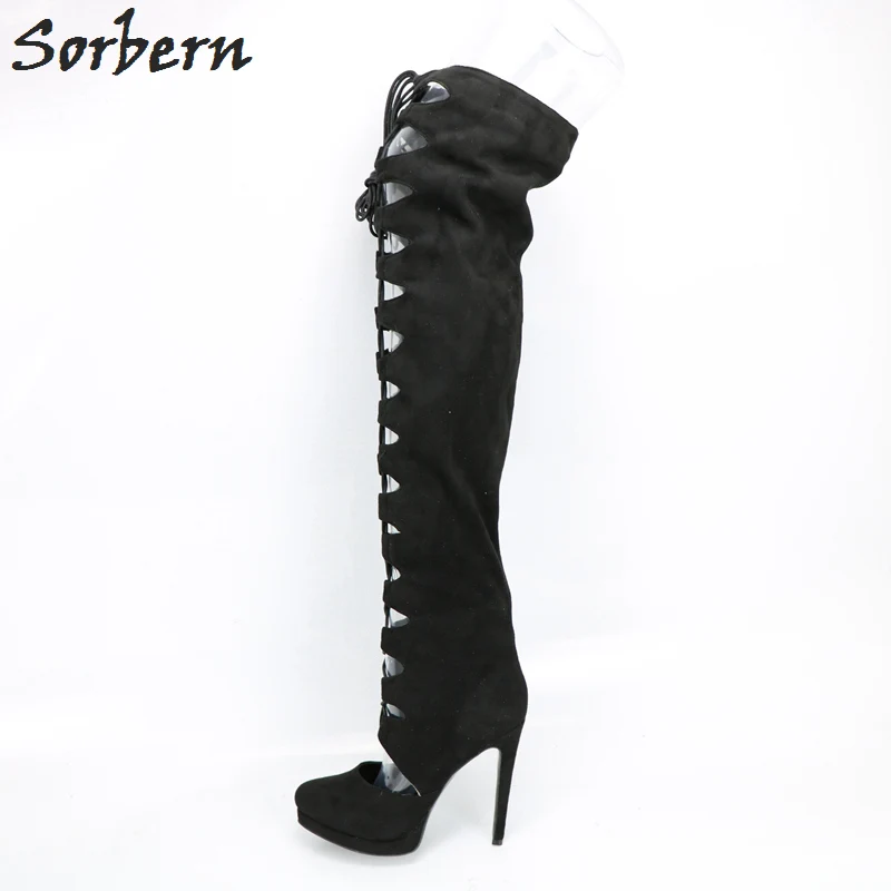 Soerben/ черни ботфорты над коляното по поръчка, женски ботуши на Висок ток с кръгло бомбе, отворени обувки дантела, обувки с Платформа