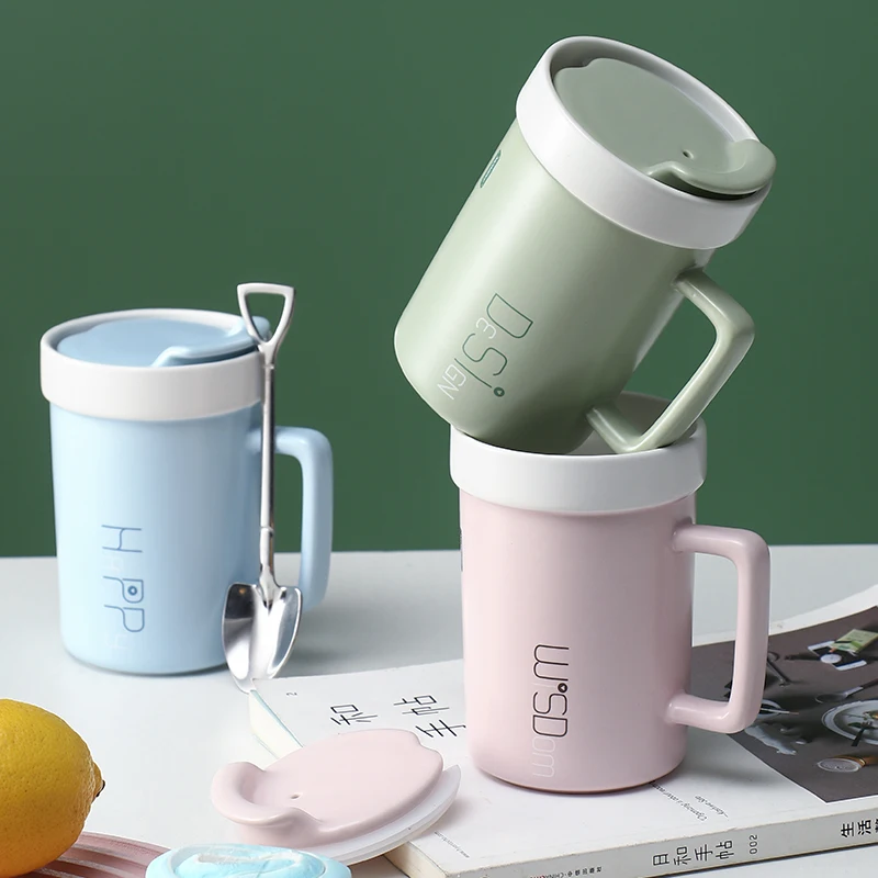 Марка чаша кафе, чаша с капак, лъжица офис проста керамична чаша за вода европейския творчески малка прясна закуска мляко