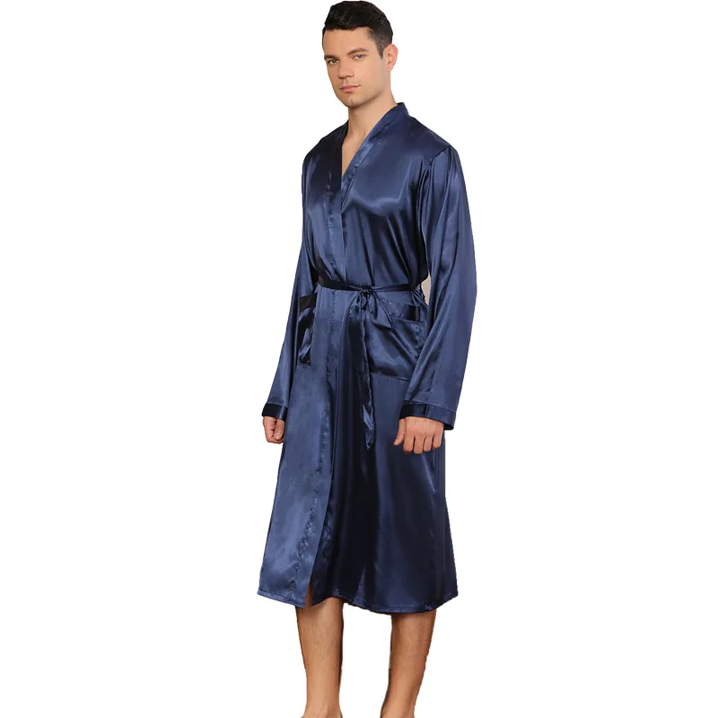 Мъжки монофонични халат за баня-кимоно, тънка жилетка, нощница, без халат голям размер с дълъг ръкав, пролетта и есента лъскав халат