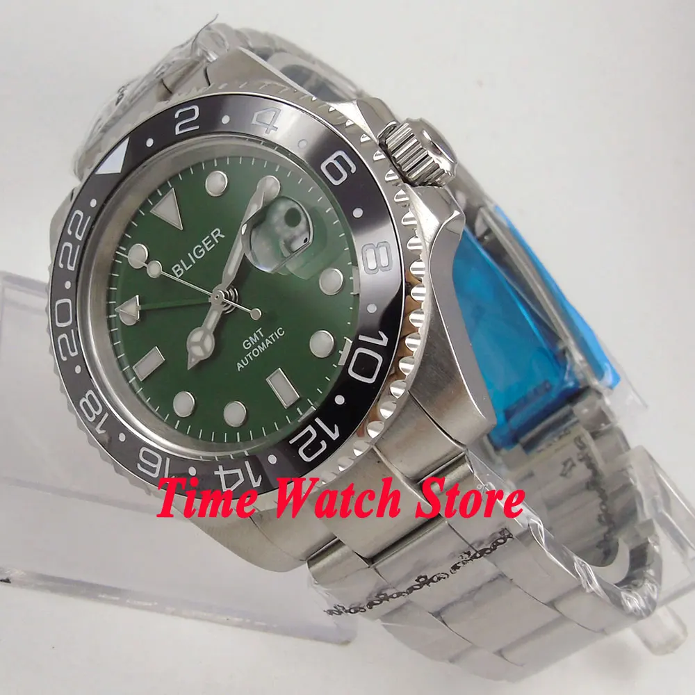 Bliger 40 мм GMT зелен циферблат луминисцентно сапфирен кристал черно керамични bezel Автоматично Мъжки часовник 187