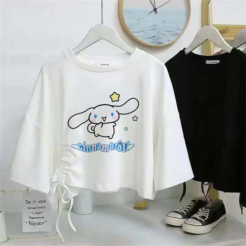 Тениска Cinnamoroll с Пъпа си, Лятна тениска в ретро стил Spice Kawaii Sanrio С Анимационни Принтом, Монтиране Женски Студентски Топ с Къс ръкав